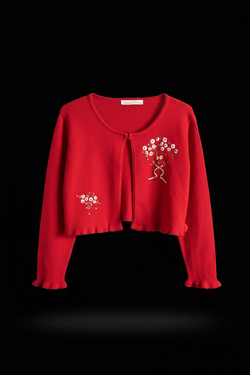 White  Holiday Dress with embroidered roses with matching red sweater -Size 8