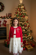 White  Holiday Dress with embroidered roses with matching red sweater -Size 8