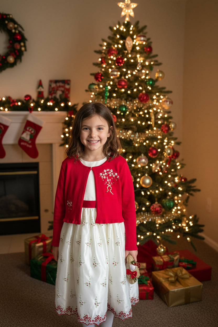 White  Holiday Dress with embroidered roses with matching red sweater -Size 8