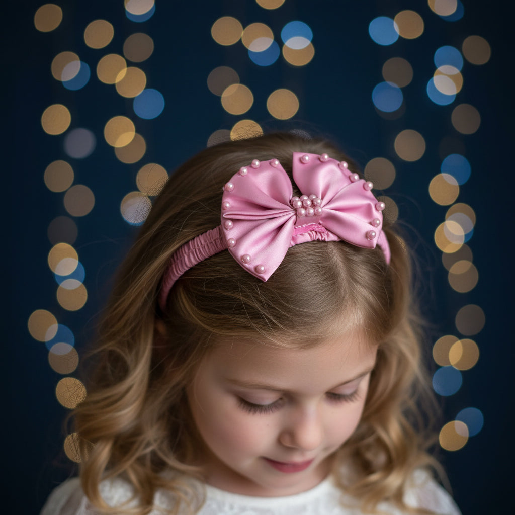 Cream and Rose Pink Lace Dress with Gorgeous Bow and Matching Headband-Size 5