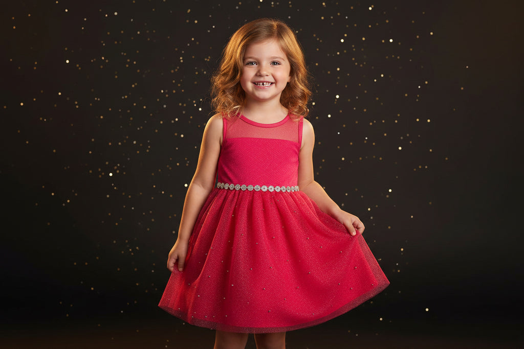 A bright pink sparkly sleeveless dress with a sheer mesh bodice, a gold beaded waistband, and a tulle skirt, hanging on a black hanger in a home setting.