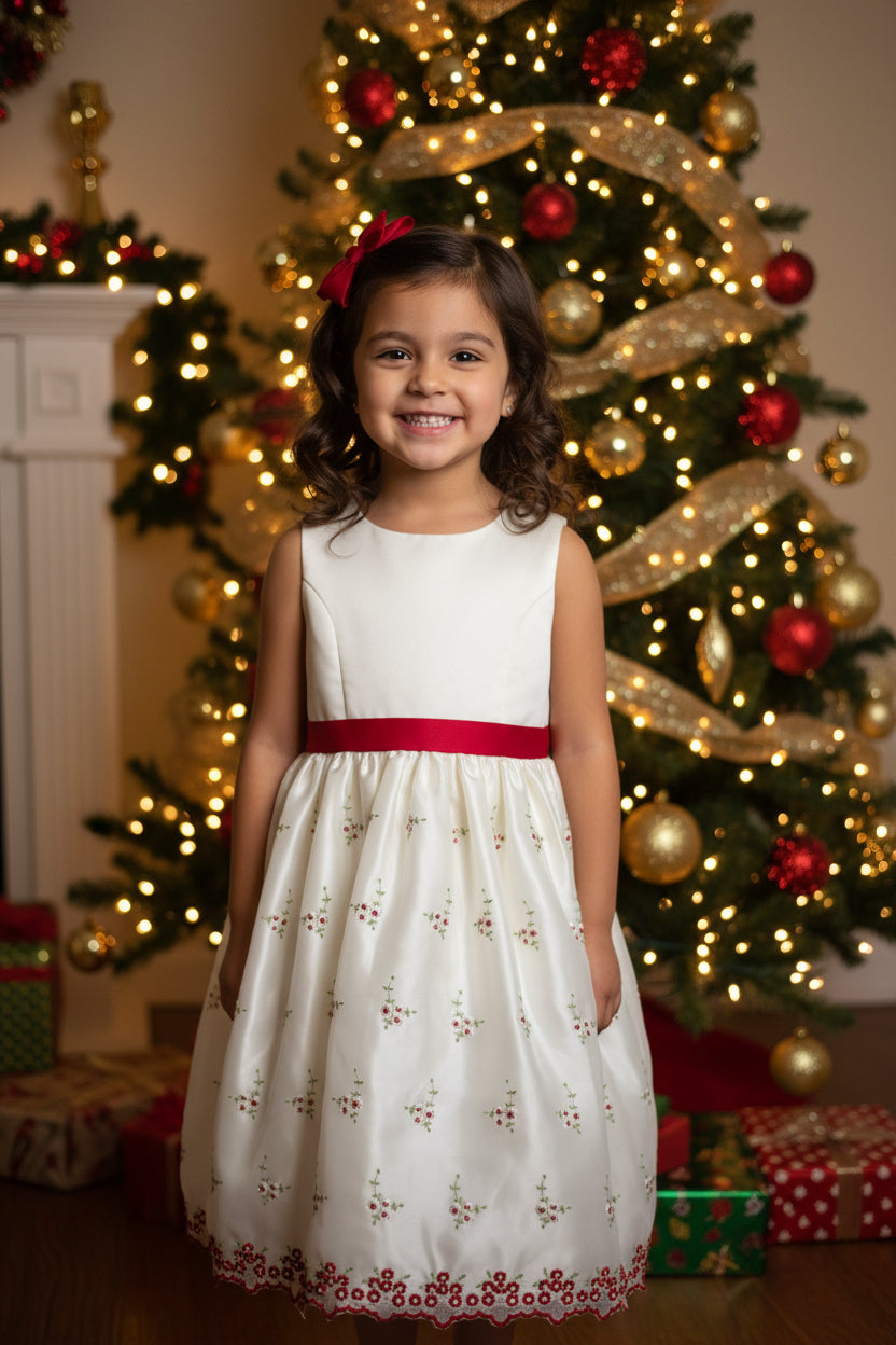 White  Holiday Dress with embroidered roses with matching red sweater -Size 8