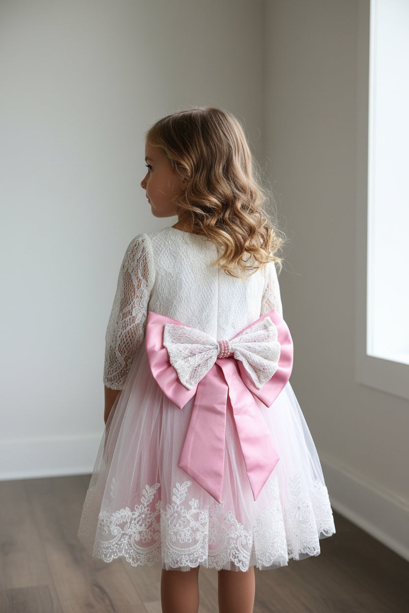 Cream and Rose Pink Lace Dress with Gorgeous Bow and Matching Headband-Size 5