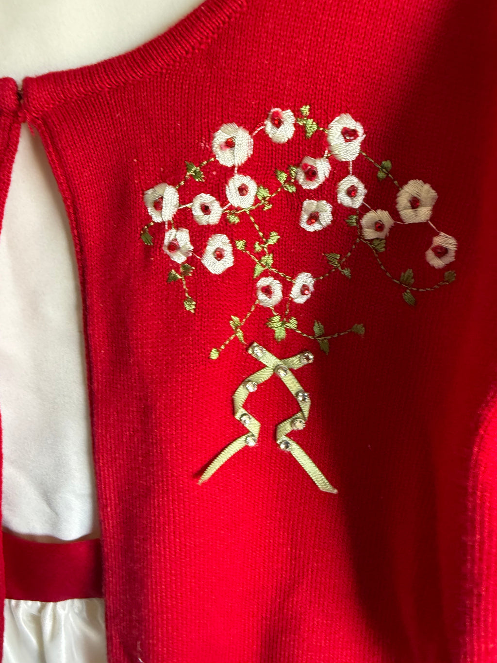 White  Holiday Dress with embroidered roses with matching red sweater -Size 8