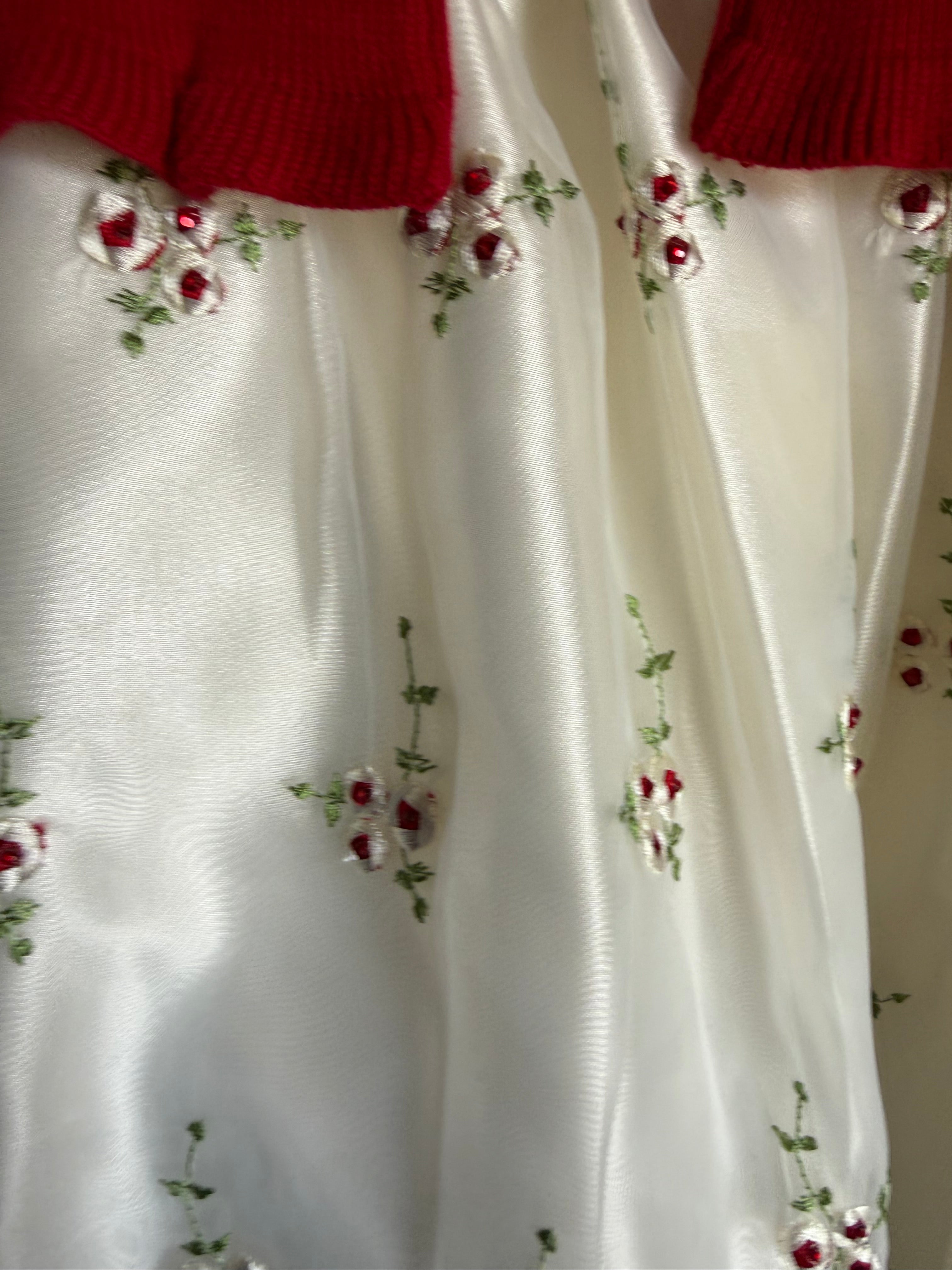White  Holiday Dress with embroidered roses with matching red sweater -Size 8