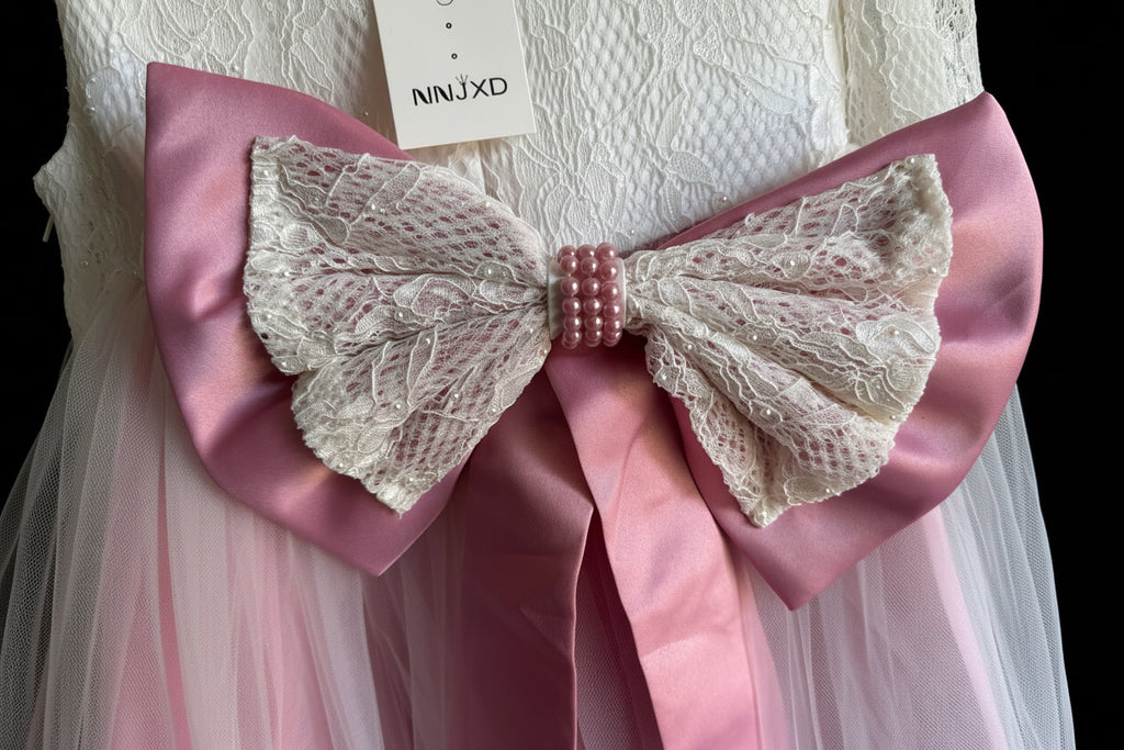 Cream and Rose Pink Lace Dress with Gorgeous Bow and Matching Headband-Size 5