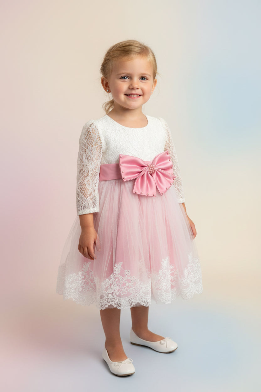 Cream and Rose Pink Lace Dress with Gorgeous Bow and Matching Headband-Size 5